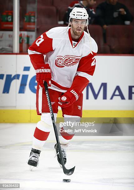 Ville Leino of the Detroit Red Wings skates up ice during their game against the Vancouver Canucks at General Motors Place on October 27, 2009 in...