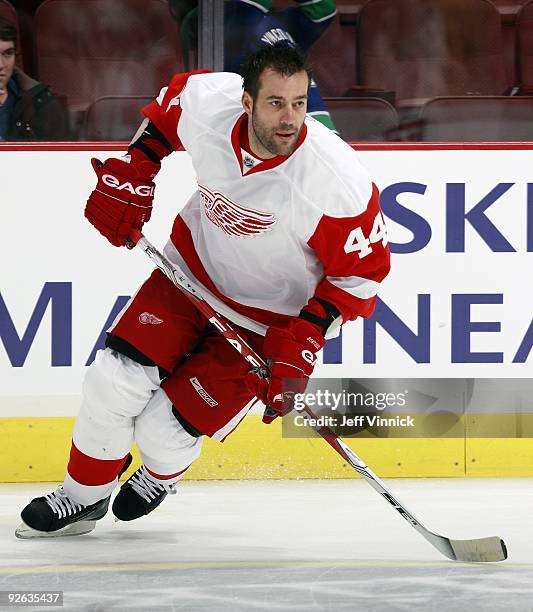 Todd Bertuzzi of the Detroit Red Wings skates up ice during their game against the Vancouver Canucks at General Motors Place on October 27, 2009 in...