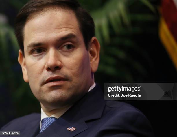 Sen. Marco Rubio is seen as he joins with United States Ambassador to the United Nations Nikki Haley to speak to an audience following her recent...