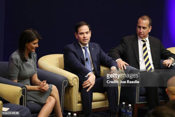 United States Ambassador to the United Nations Nikki Haley and Sen. Marco Rubio and Rep. Mario Diaz-Balart join together to speak to an audience...