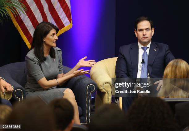 United States Ambassador to the United Nations Nikki Haley and Sen. Marco Rubio speak to an audience following her recent travels to Honduras and...