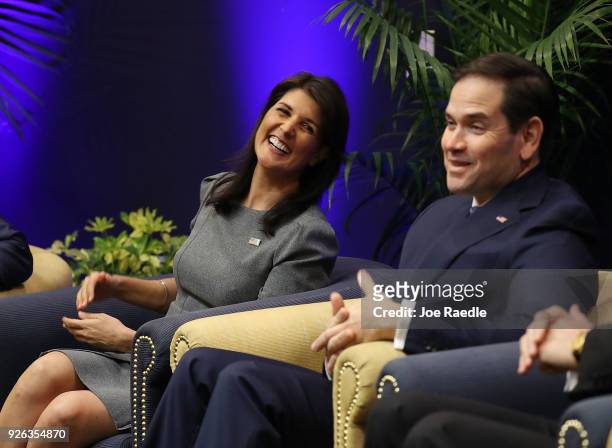 United States Ambassador to the United Nations Nikki Haley and Sen. Marco Rubio speak to an audience following her recent travels to Honduras and...