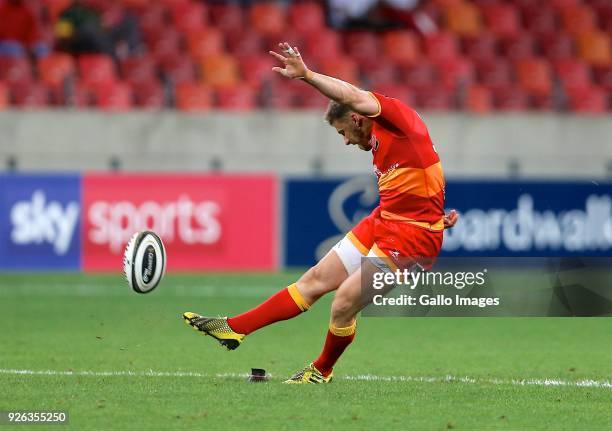 Dorian Jones of Newport Gwent Dragons converts the penalty during the Guinness Pro14 match between Southern Kings and Newport Gwent Dragons at Nelson...