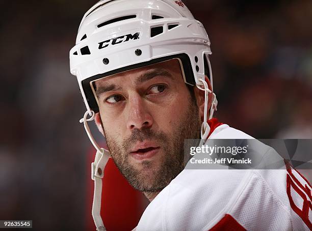 Todd Bertuzzi of the Detroit Red Wings looks on from the bench during their game against the Vancouver Canucks at General Motors Place on October 27,...