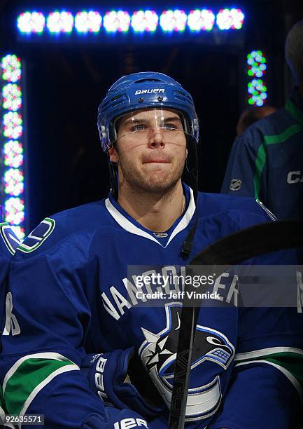 Steve Bernier of the Vancouver Canucks looks on from the bench during their game against the Detroit Red Wings at General Motors Place on October 27,...