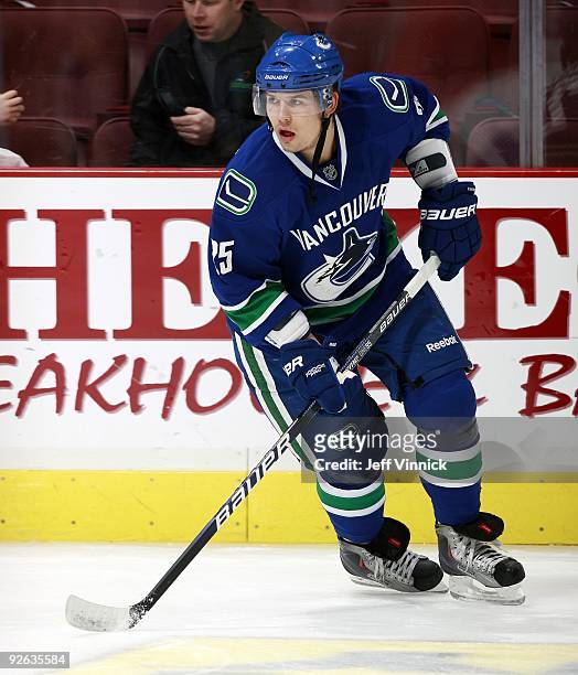 Sergei Shirokov of the Vancouver Canucks skates up ice during their game against the Detroit Red Wings at General Motors Place on October 27, 2009 in...