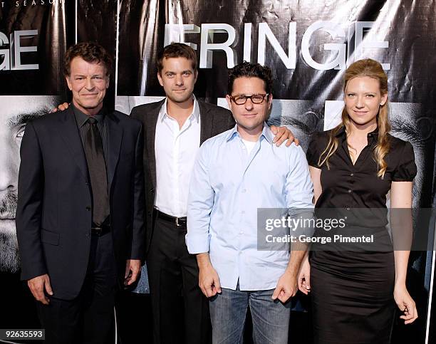 Actor John Noble, actor Joshua Jackson, executive producer J.J. Abrams and actress Anna Torv arrive at the DVD Launch for Season 1 of "Fringe" on...