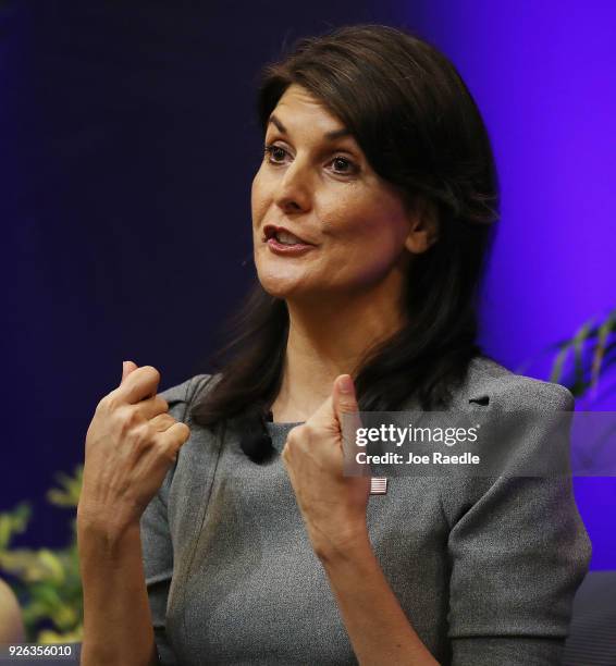 United States Ambassador to the United Nations Nikki Haley speaks to an audience following her recent travels to Honduras and Guatemala at Florida...