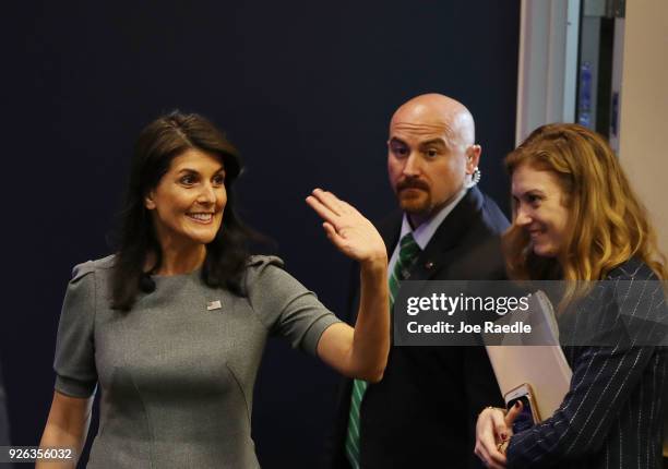 United States Ambassador to the United Nations Nikki Haley arrives to speak to an audience following her recent travels to Honduras and Guatemala at...