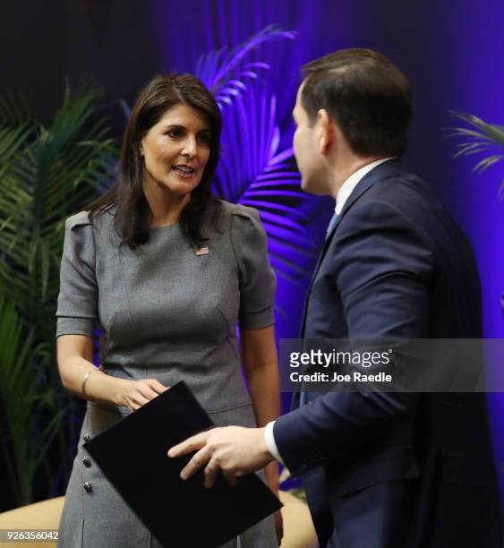 United States Ambassador to the United Nations Nikki Haley and Sen. Marco Rubio join together to speak to an audience following her recent travels to...