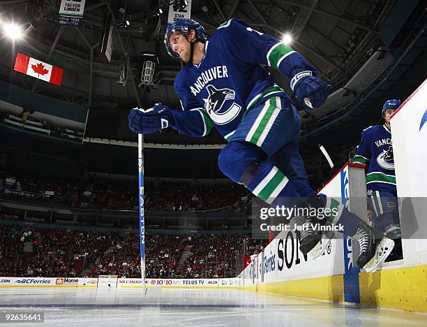 Alexander Edler of the Vancouver Canucks steps off the bench during their game against the Detroit Red Wings at General Motors Place on October 27,...