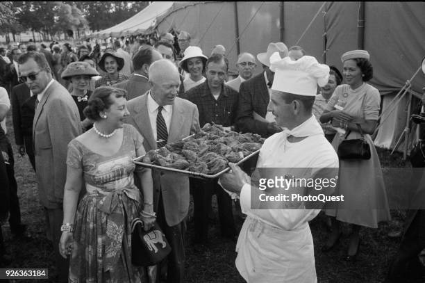 At the Republican Party's presidential campaign kickoff picnic, American politician US President Dwight D Eisenhower and First Lady Mamie Eisenhower...