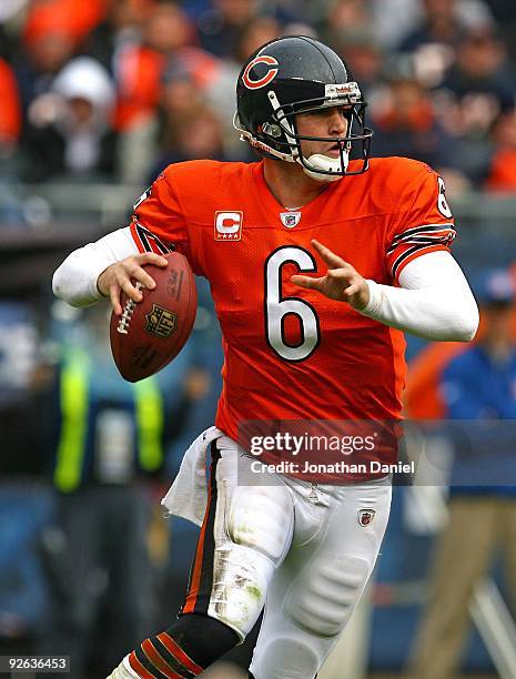 Jay Cutler of the Chicago Bears prepares to throw a pass during a game against the Cleveland Browns at Soldier Field on November 1, 2009 in Chicago,...