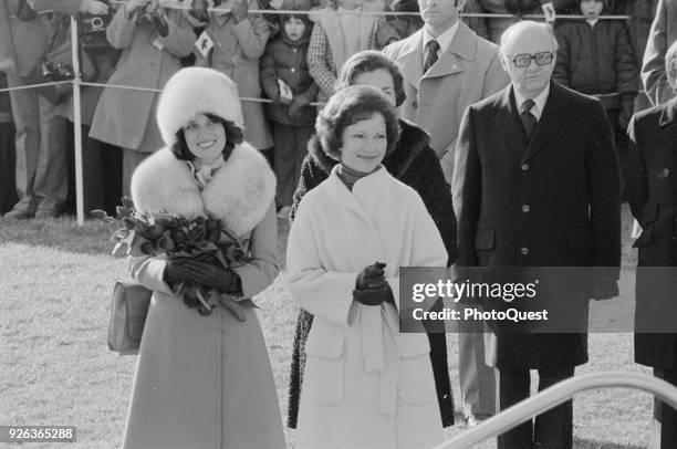 View of Spouse of the Prime Minister of Canada Margaret Trudeau and US First Lady Rosalynn Carter at the White House during the former's State visit,...