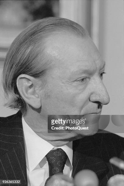 Close-up of Austrian Secretary-General of the United Nations Kurt Waldheim during a press conference, Washington DC, February 25, 1977.