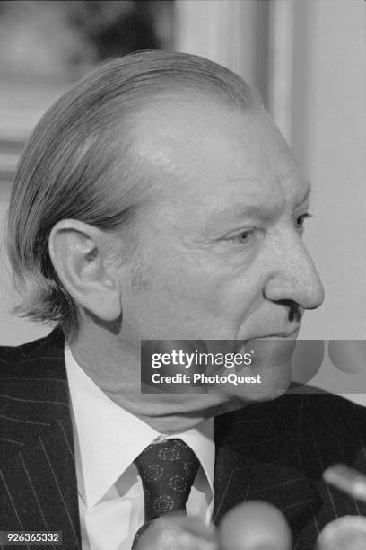 Close-up of Austrian Secretary-General of the United Nations Kurt Waldheim during a press conference, Washington DC, February 25, 1977.