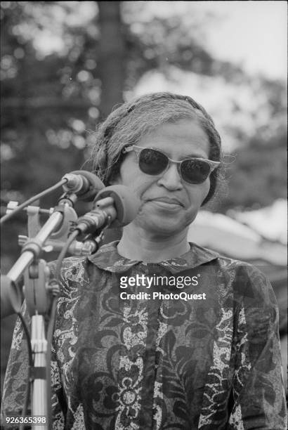 American Civil Rights activist Rosa Parks speaks at a microphone during the Poor People's March on Washington, Washington DC, June 20, 1968. The...