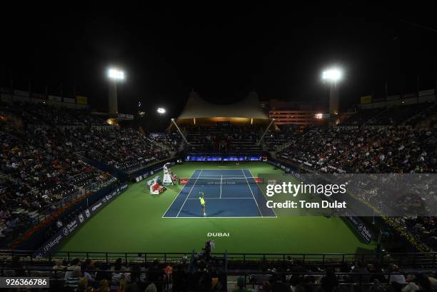 General view of action during the semi final match between Malek Jaziri of Tunisia and Roberto Bautista Agut of Spain on day five of the ATP Dubai...