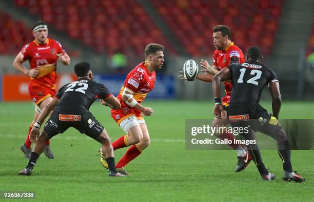 Dorian Jones flips the ball to Zane Kirchner of Newport Gwent Dragons during the Guinness Pro14 match between Southern Kings and Newport Gwent...