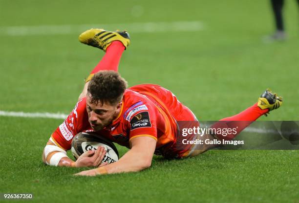 Try scorer Dorian Jones of Newport Gwent Dragons during the Guinness Pro14 match between Southern Kings and Newport Gwent Dragons at Nelson Mandela...