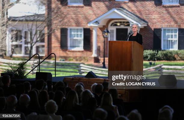 Anne Graham-Lotz gives remarks at the funeral of her father Reverend Dr. Billy Graham in Charlotte, North Carolina. Graham, who preached to millions...