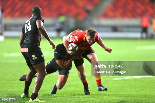 Ball carrier Jarryd Sage of Newport Gwent Dragons during the Guinness Pro14 match between Southern Kings and Newport Gwent Dragons at Nelson Mandela...