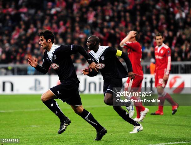 Yoann Gourcuff of Bordeaux celebrates after scoring his team's first goal during the UEFA Champions League Group A match between FC Bayern Muenchen...