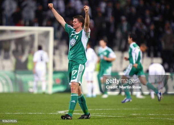 Alexander Madlung of Wolfsburg celebrates after his team's first goal during the UEFA Champions League Group B match between Besiktas and VfL...