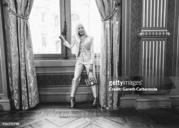 Model Soo Joo Park poses backstage before the Balmain show as part of the Paris Fashion Week Womenswear Fall/Winter 2018/2019 on March 2, 2018 in...