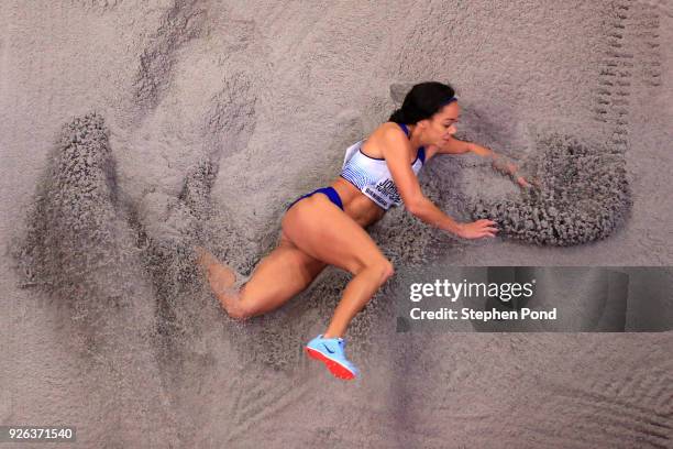 Katarina Johnson-Thompson of Great Britain competes in the Long Jump Womens Pentathlon during the IAAF World Indoor Championships on Day Two at Arena...