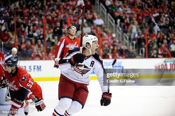 Umberger of the Columbus Blue Jackets celebrates after scoring the game winning goal in overtime against the Washington Capitals at the Verizon...
