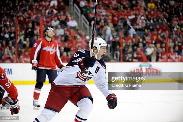 Umberger of the Columbus Blue Jackets celebrates after scoring the game winning goal in overtime against the Washington Capitals at the Verizon...