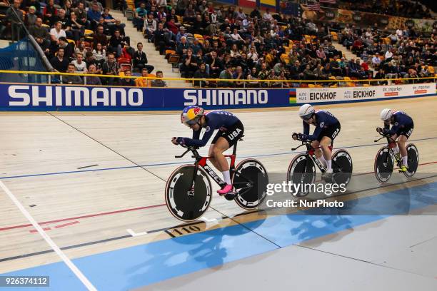 Jennifer Valente, Kelly Catlin, Chloe Dygert and Kimberly Geist of USA competes in the Women's Team Pursuit final during UCI Track Cycling World...