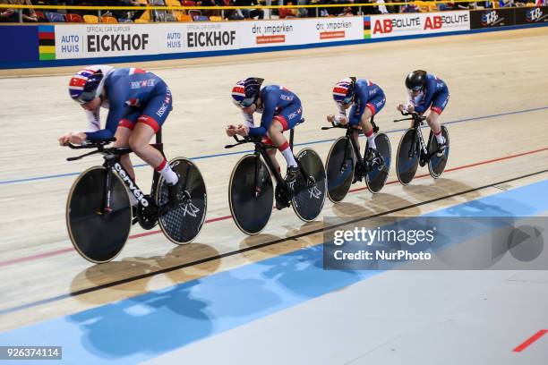 Katie Archibald, Elinor Barker, Laura Kenny and Emily Nelson of Britain competes in the Women's Team Pursuit final during UCI Track Cycling World...