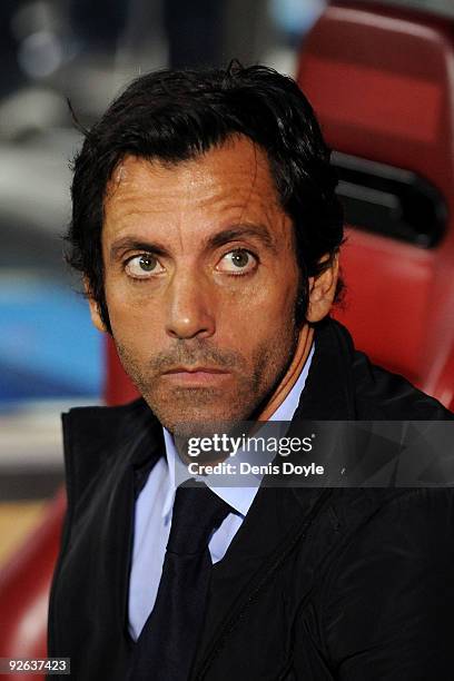 Atletico Madrid Manager Quique Sanchez Flores looks on during Champions League Group D match between Atletico Madrid and Chelsea at the Vicente...