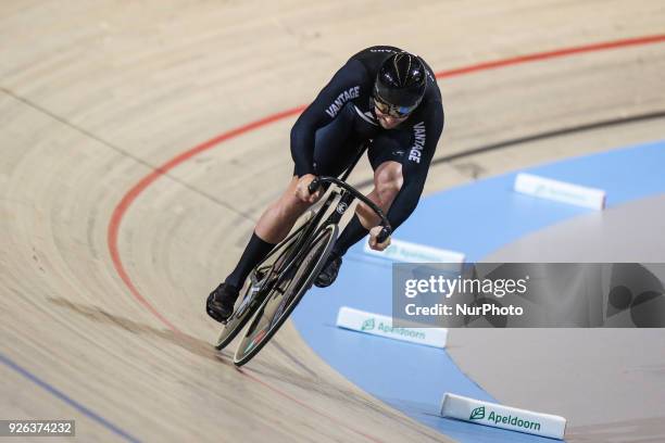 New Zealand's Edward Dawkins take part in the Men`s sprint qualifying during the UCI Track Cycling World Championships in Apeldoorn on March 2, 2018.