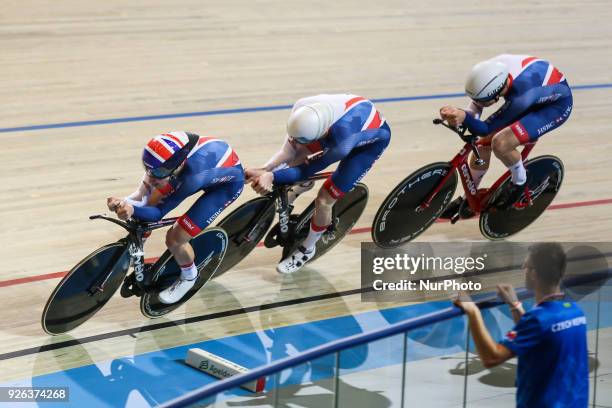 Edward Clancy, Ethan Hayter and Charlie Tanfield of Britain competes in the Men`s team pursuit during UCI Track Cycling World Championships Apeldoorn...