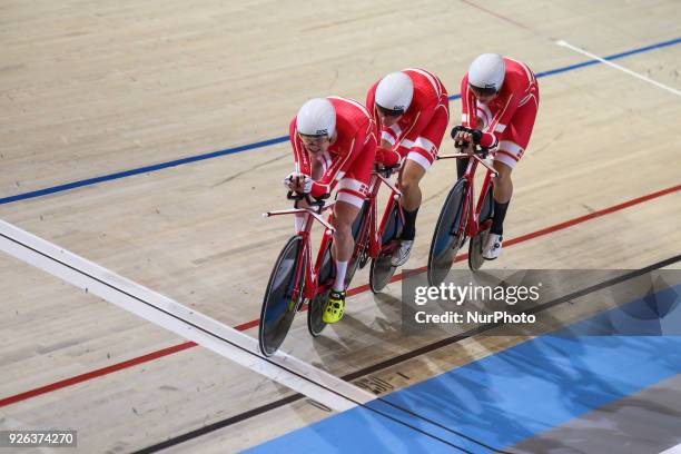 Niklas Larsen, Julius Johansen, Frederik Madsen, Casper von Folsach of Denmark competes in the Men`s team pursuit during UCI Track Cycling World...