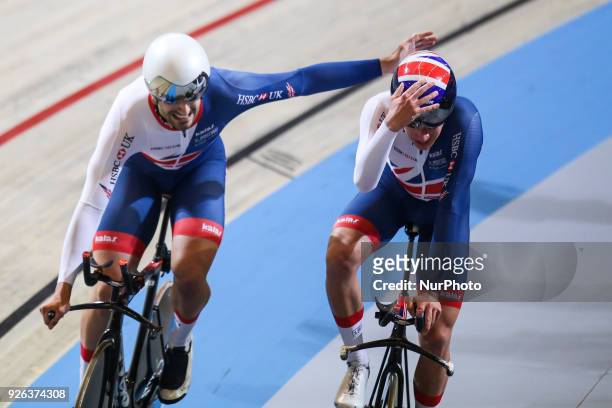 Edward Clancy, Ethan Hayter of Britain competes in the Men`s team pursuit during UCI Track Cycling World Championships Apeldoorn 2018 in Apeldoorn,...