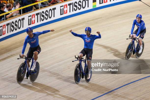Simone Consonni, Liam Bertazzo, Filippo Ganna and Francesco Lamon of Italy competes in the Men`s team pursuit during UCI Track Cycling World...