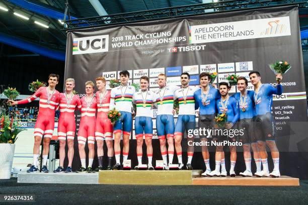 Silver medallists Denmark's team members Casper von Folsach Julius Johansen, Niklas Larsen and Frederik Madsen, gold medallists Great Britain's team...