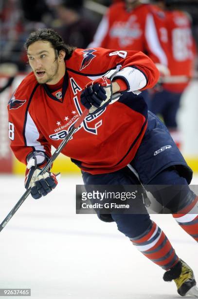 Alex Ovechkin of the Washington Capitals warms up before the game against the Columbus Blue Jackets at the Verizon Center on November 1, 2009 in...