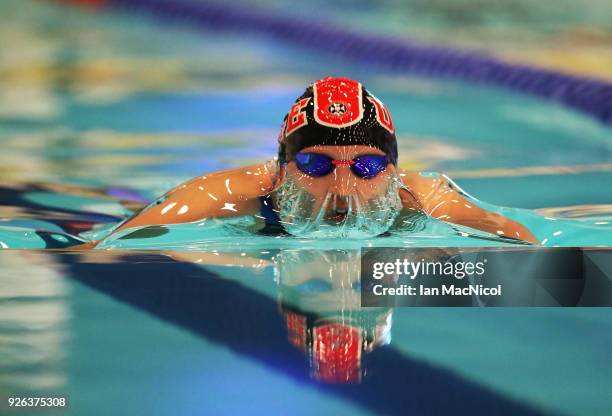 Corrie Scott of edinburgh University competes in the Women's 100m Breaststroke Final during The Edinburgh International Swim meet incorporating the...