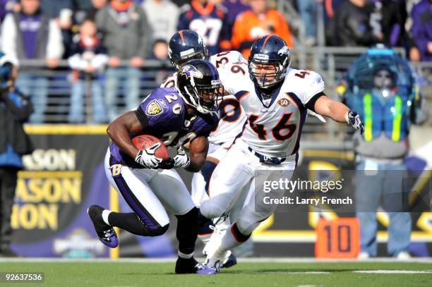 Ed Reed of the Baltimore Ravens runs the ball against the Denver Broncos at M&T Bank Stadium on November 1, 2009 in Baltimore, Maryland. The Ravens...