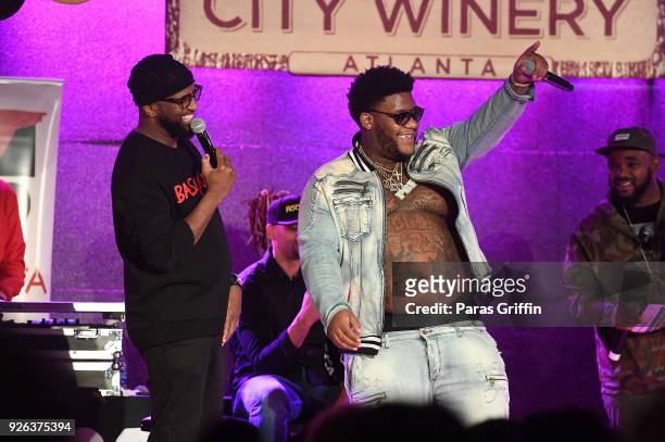 Radio personality Rickey Smiley and rapper Derez De'Shon onstage at Rickey Smiley Morning Show Presents Xscap3 Unplugged at City Winery on March 2,...