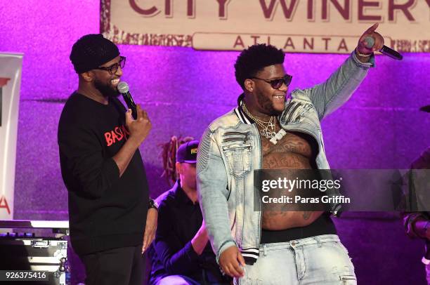 Radio personality Rickey Smiley and rapper Derez De'Shon onstage at Rickey Smiley Morning Show Presents Xscap3 Unplugged at City Winery on March 2,...