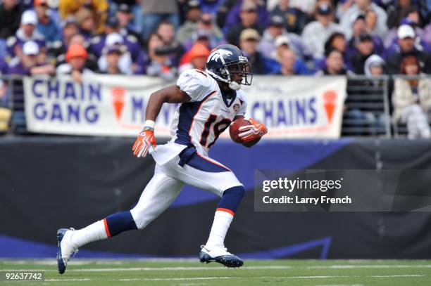 Eddie Royal of the Denver Broncos runs the ball against the Baltimore Ravens at M&T Bank Stadium on November 1, 2009 in Baltimore, Maryland. The...