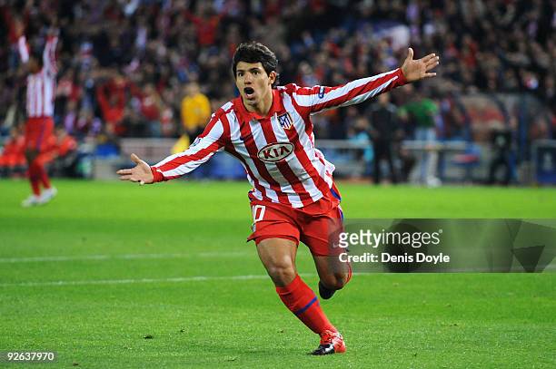 Sergio Aguero of Atletico Madrid celebrates after he scores the first goal of the game during Champions League Group D match between Atletico Madrid...