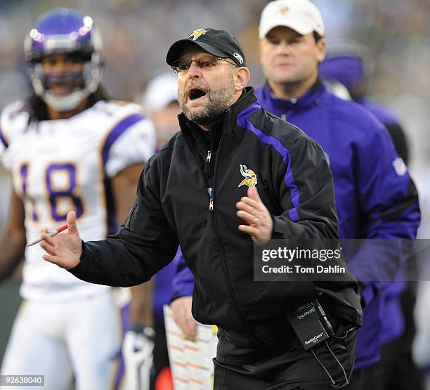 Head Coach Brad Childress of the Minnesota Vikings shouts instructions during an NFL game against the Green Bay Packers at Lambeau Field on November...