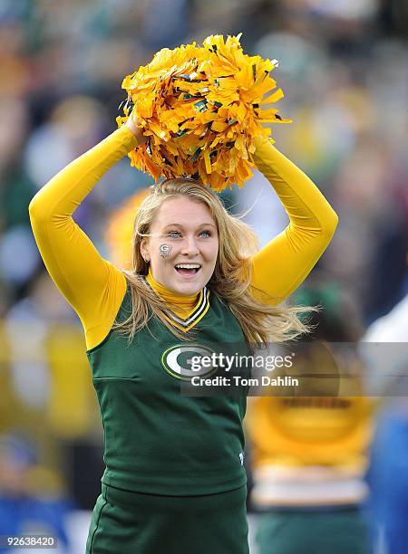 Green Bay Packers cheerleader performs during an NFL game against the Minnesota Vikings at Lambeau Field on November 1, 2009 in Green Bay, Wisconsin.